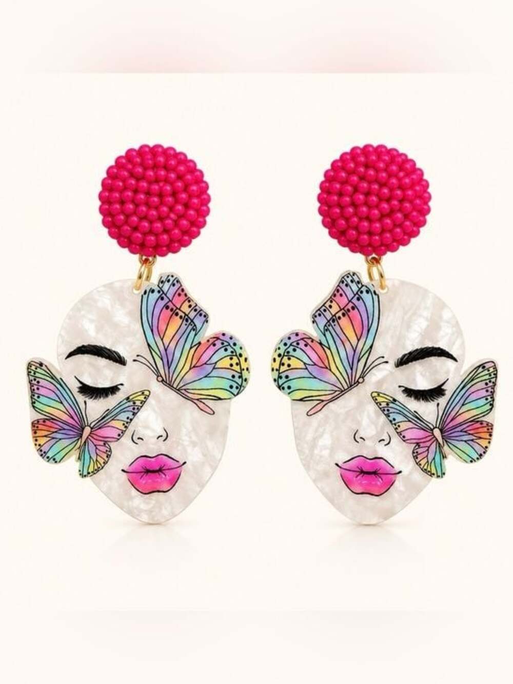 Pink Beaded Butterfly Face Drop Earrings